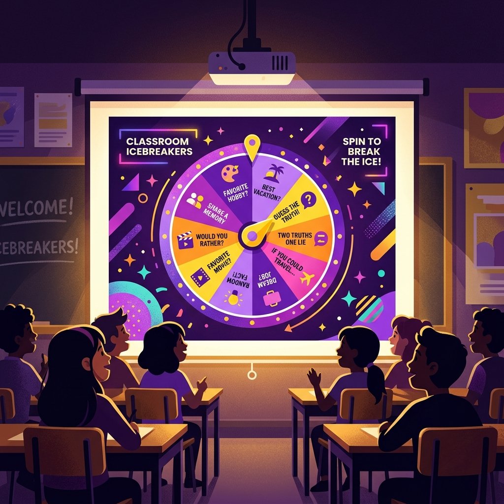 A spinner wheel loaded with student names on a classroom projector