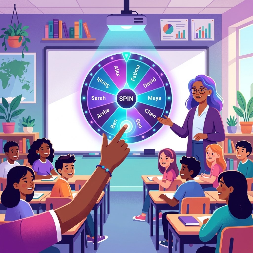 A classroom with a glowing spinner wheel projected on a whiteboard