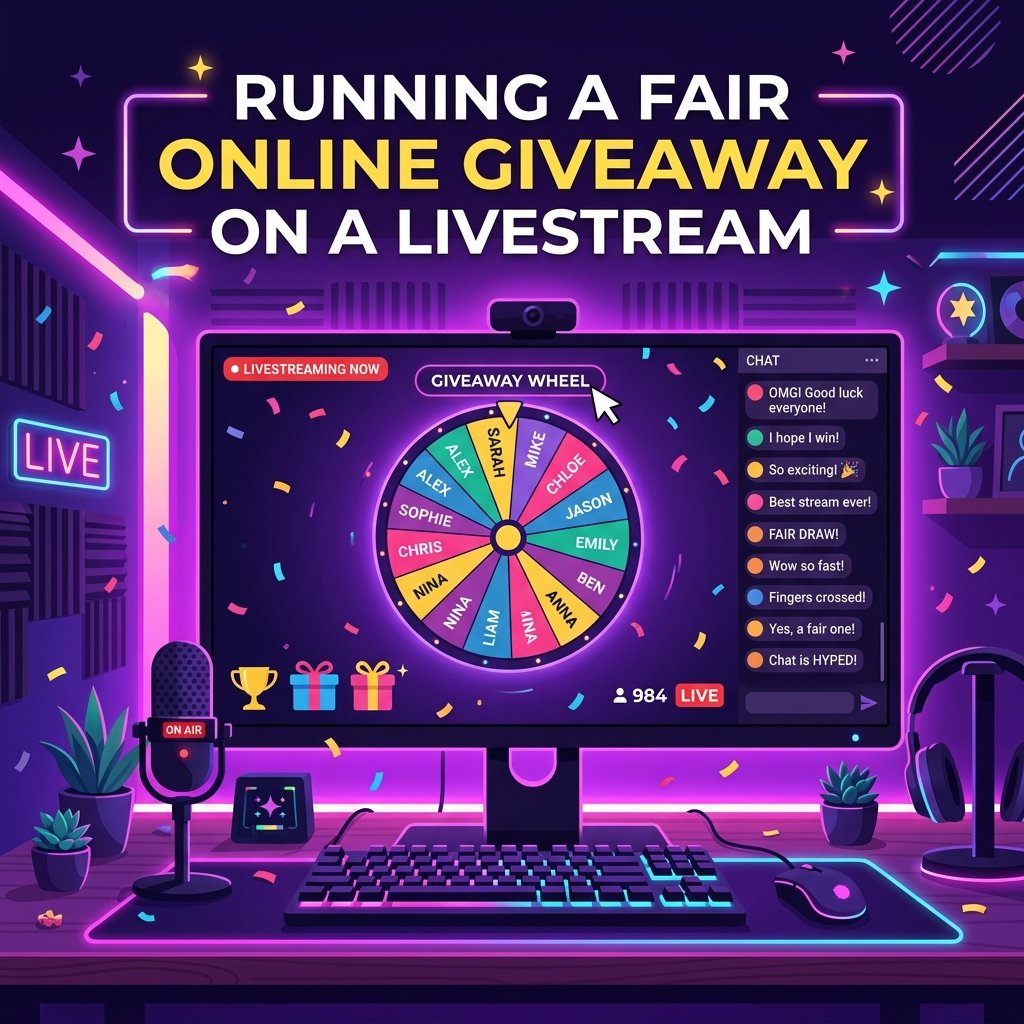 A giveaway wheel spinning on a livestream with chat messages flying past
