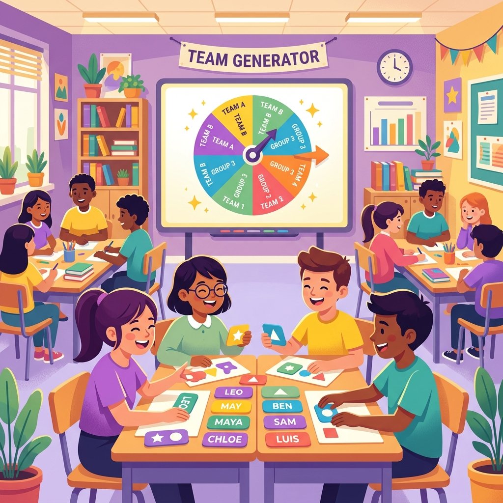 Students collaborating in randomly assigned groups at classroom desks