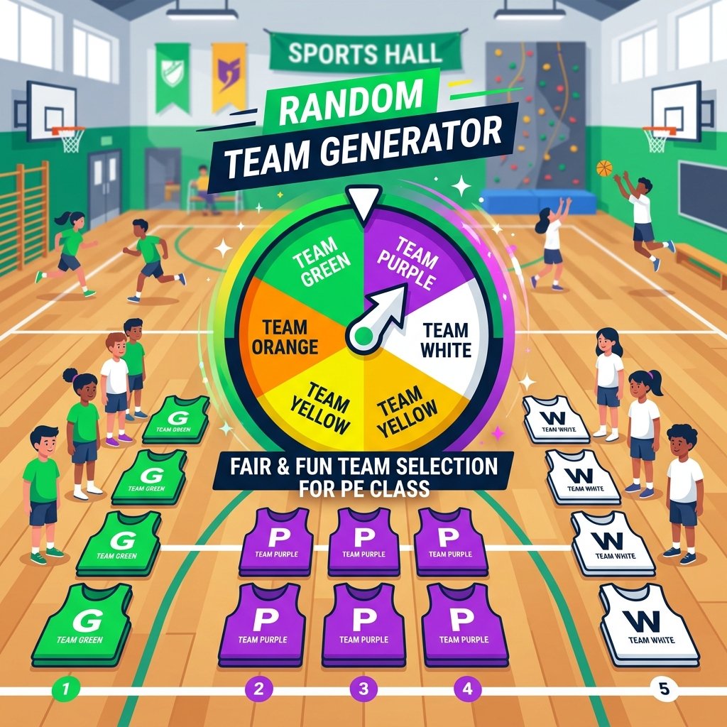 A sports hall set up for a PE lesson with team bibs and a spinner wheel overlay